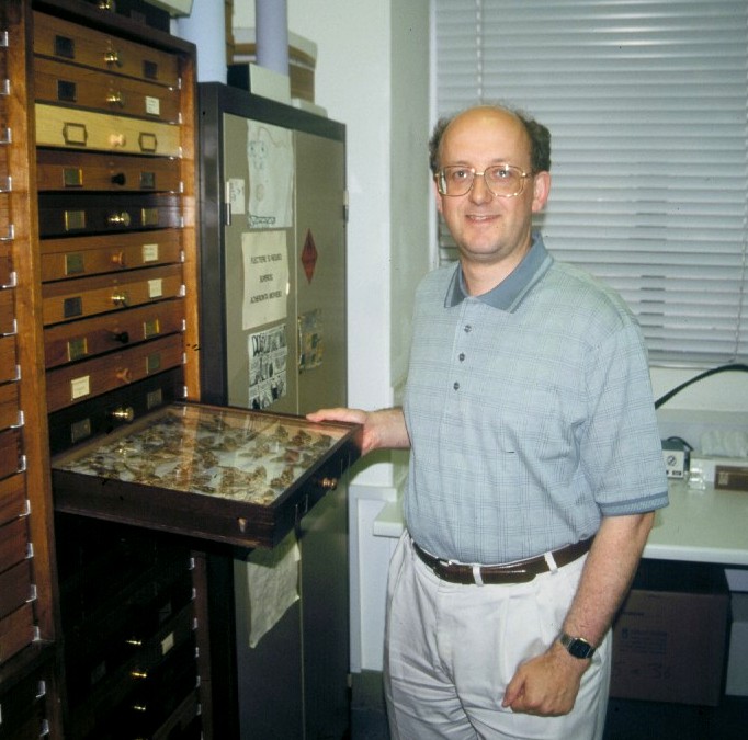 showing some really rare moths in his office in London