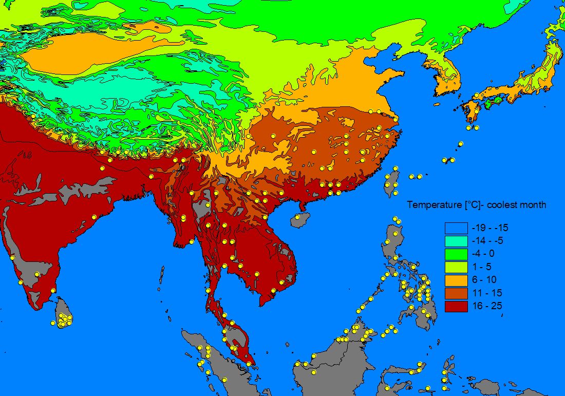 coolest month: winter temperatur of ca. 10C sets northern limit